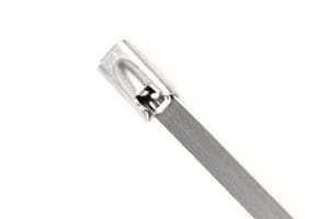 Stainless steel cable tie featuring a durable self-locking head, designed for heavy-duty industrial and outdoor use.