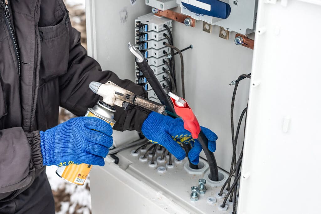 An electrician using a torch to shrink heat shrink tubing around a large cable inside of an electrical box.