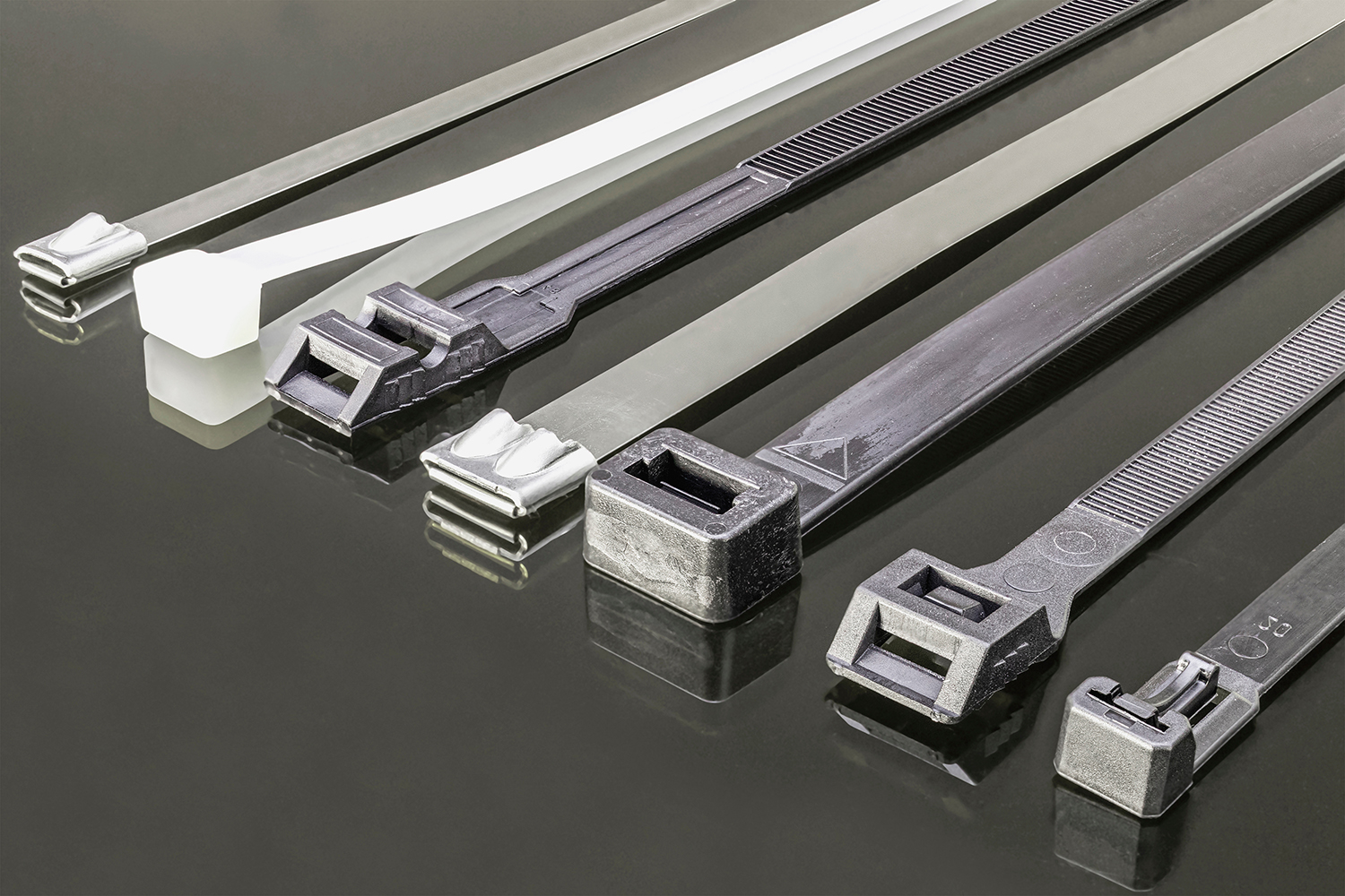 A set of metal zip ties for electrical wires.