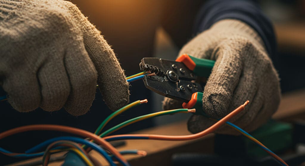 man with gloves using a wire stripper